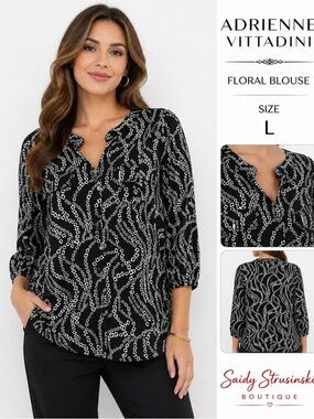 Adrienne Vittadini Black & White Floral Blouse Size L Flowy Lightweight Top